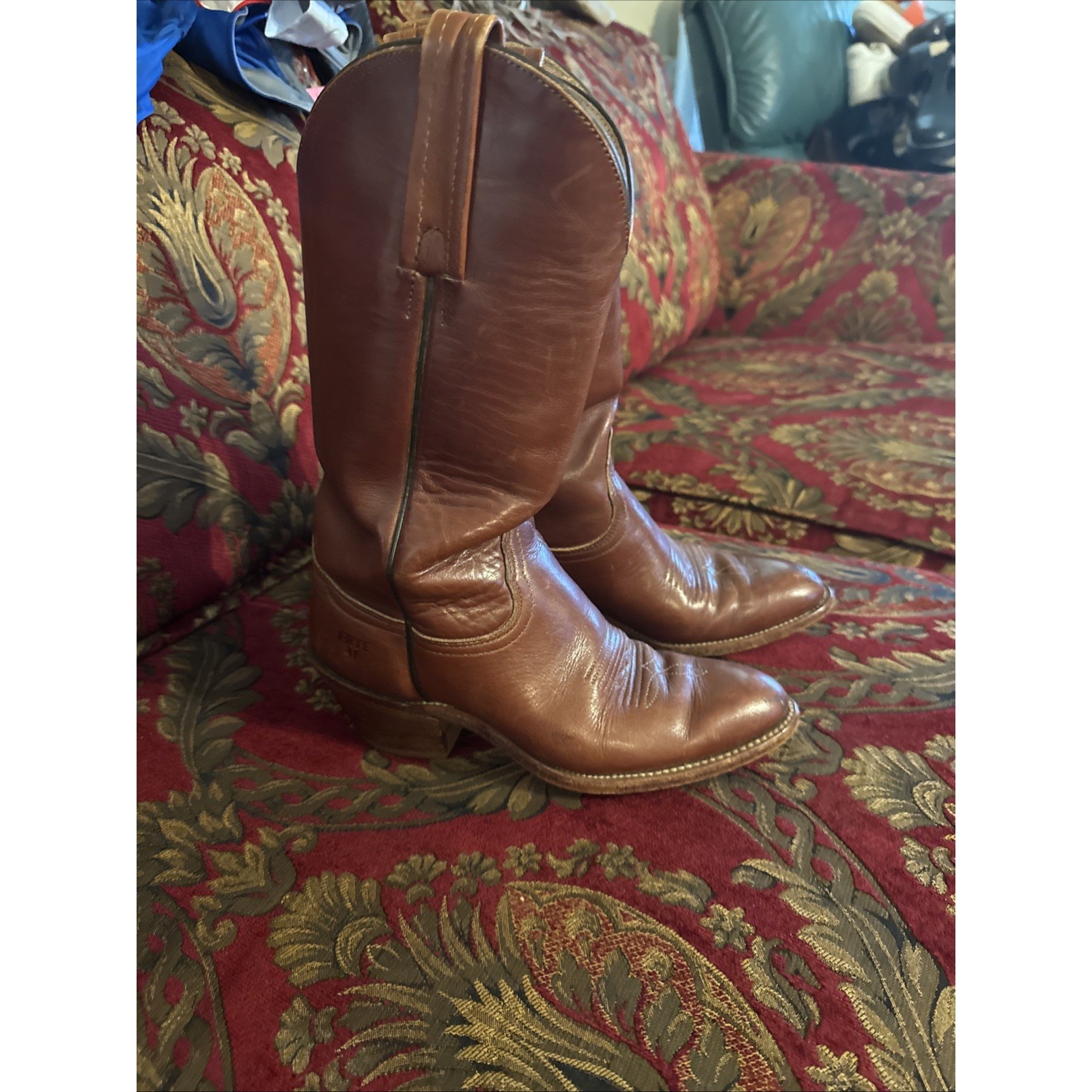 Frye Boots Style 7893 Stacked Heel Brown Leather Pull-On Sz. 5.5 Cowgirl Cowboy